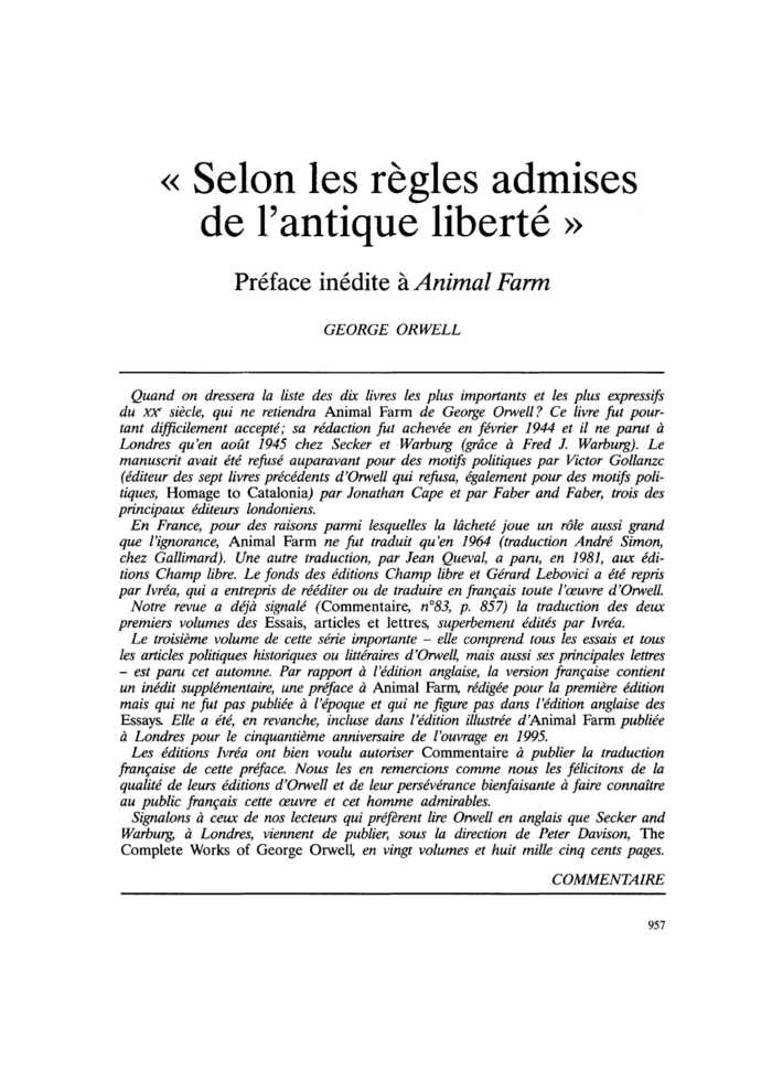 « Selon les règles admises de l’antique liberté ». Préface inédite à Animal Farm
 – page 1