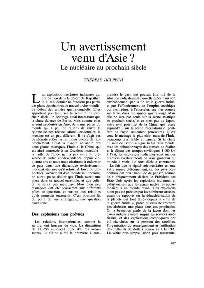 Un avertissement venu d’Asie ? Le nucléaire au prochain siècle
 – page 1