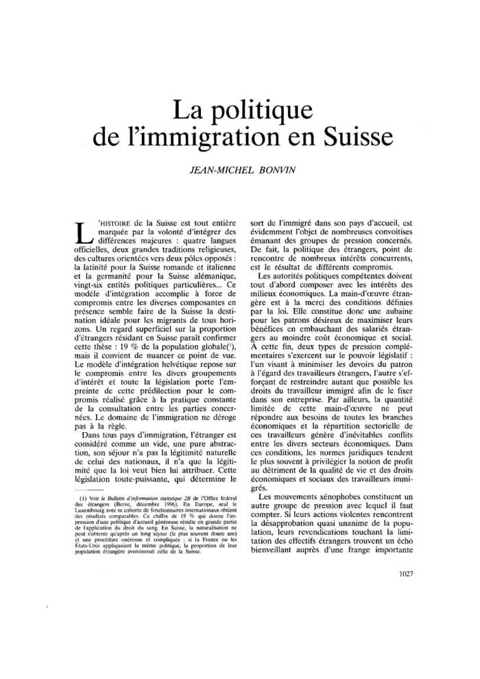 La politique de l’immigration en Suisse
 – page 1