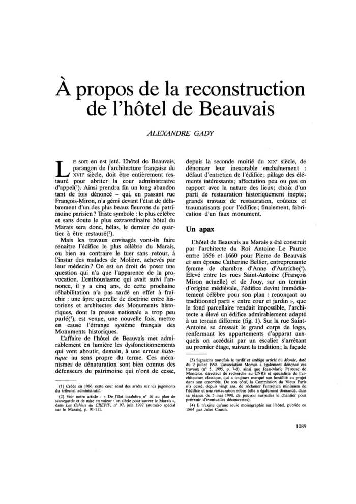 À propos de la reconstruction de l’hôtel de Beauvais
 – page 1