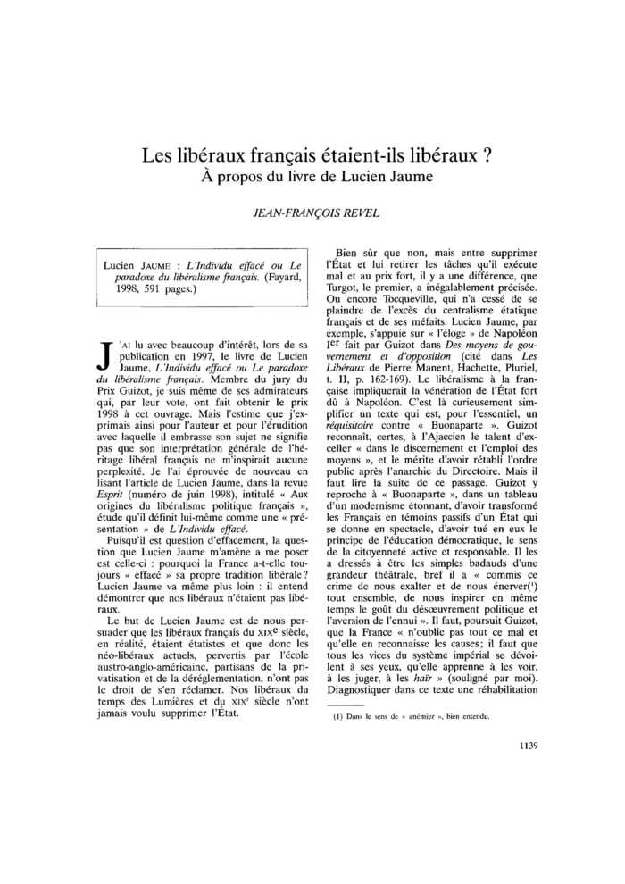 Les libéraux français étaient-ils libéraux ? À propos du livre de Lucien Jaume
 – page 1