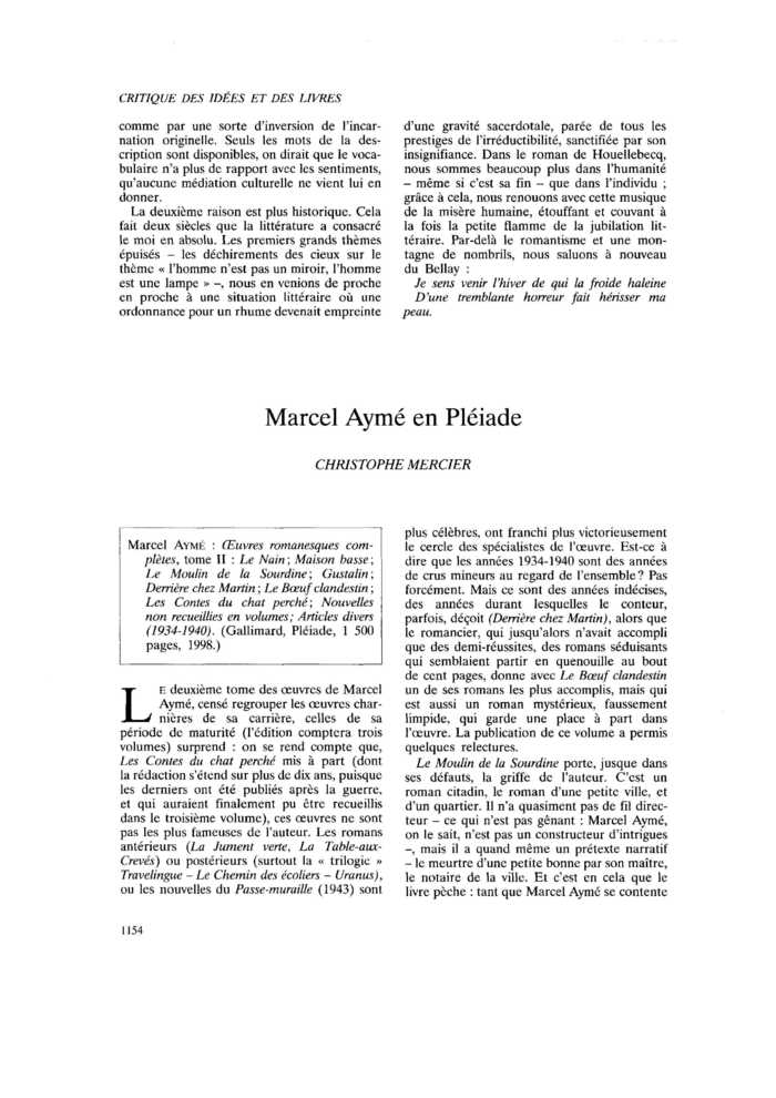 Marcel Aymé en Pléiade
 – page 1