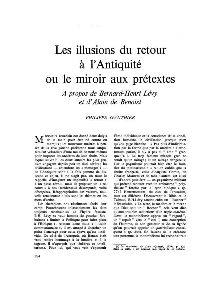 Les illusions du retour à l’Antiquité ou le miroir aux prétextes. À propos de Bernard-Henri Lévy et d’Alain de Benoist
 – page 1