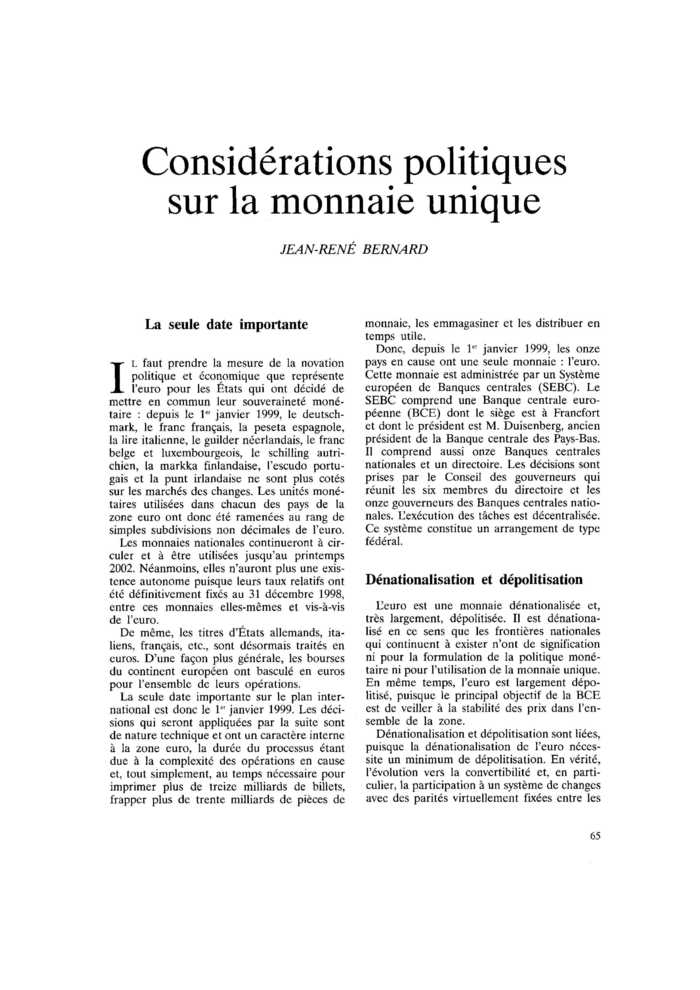 Considérations politiques sur la monnaie unique
 – page 1