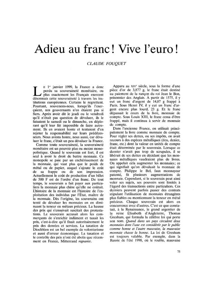 Adieu au franc ! Vive l’euro !
 – page 1