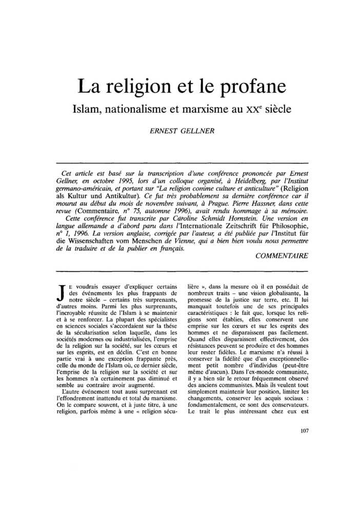 La religion et le profane Islam, nationalisme et marxisme au XXe siècle
 – page 1
