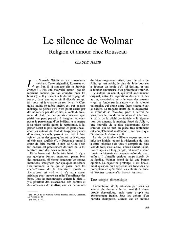 Le silence de Wolmar. Religion et amour chez Rousseau
 – page 1
