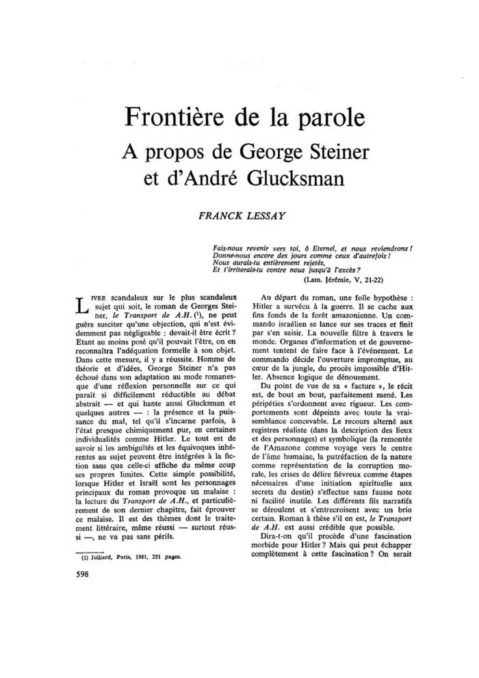 Frontière de la parole. À propos de George Steiner et d’André Glucksman
 – page 1