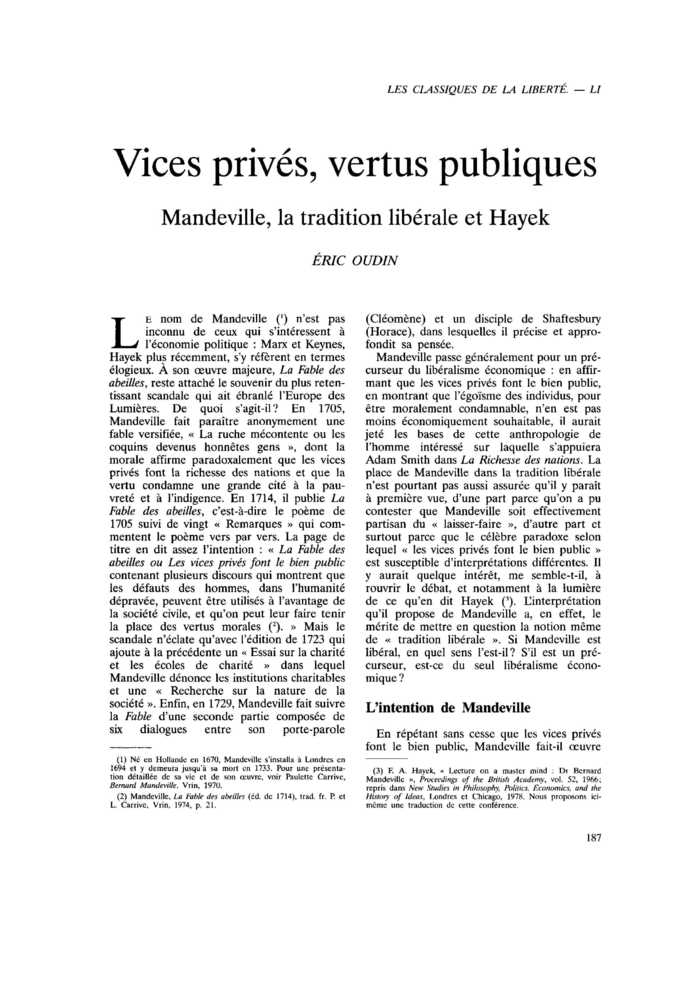 Vices privés, vertus publiques Mandeville, la tradition libérale et Hayek
 – page 1