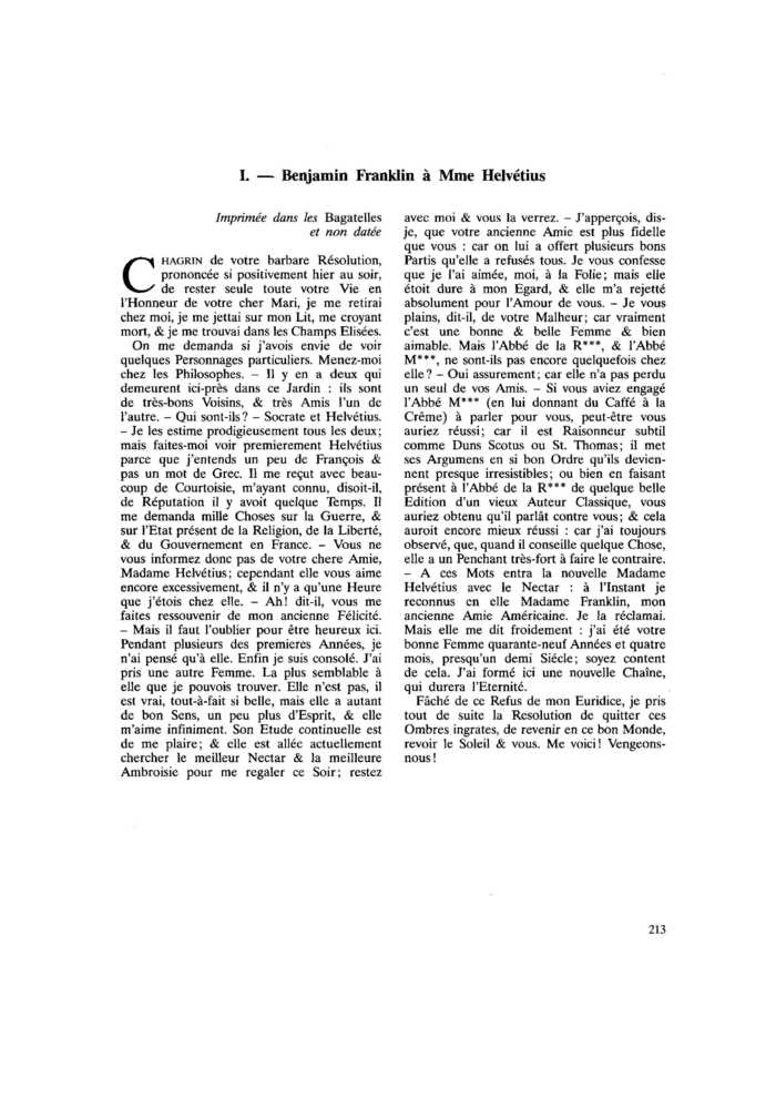 Lettres de Benjamin Franklin et de Mme Brillon : I. Benjamin Franklin à Mme Helvétius
 – page 1