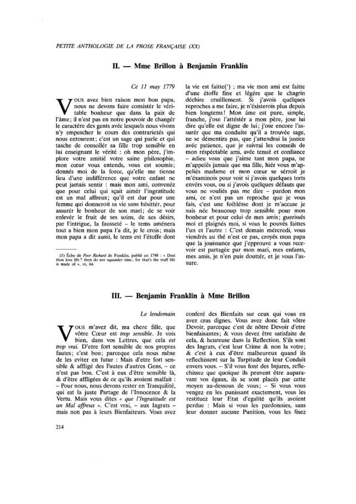 Lettres de Benjamin Franklin et de Mme Brillon : III. Benjamin Franklin à Mme Brillon
 – page 1