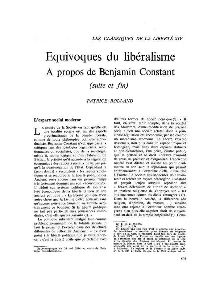 Equivoque du Libéralisme. À propos de Benjamin Constant (suite et fin)
 – page 1