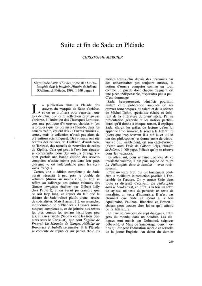 Suite et fin de Sade en Pléiade
 – page 1