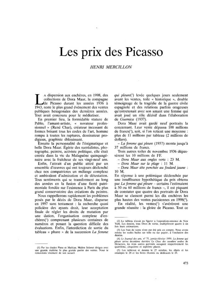 Les prix des Picasso
 – page 1