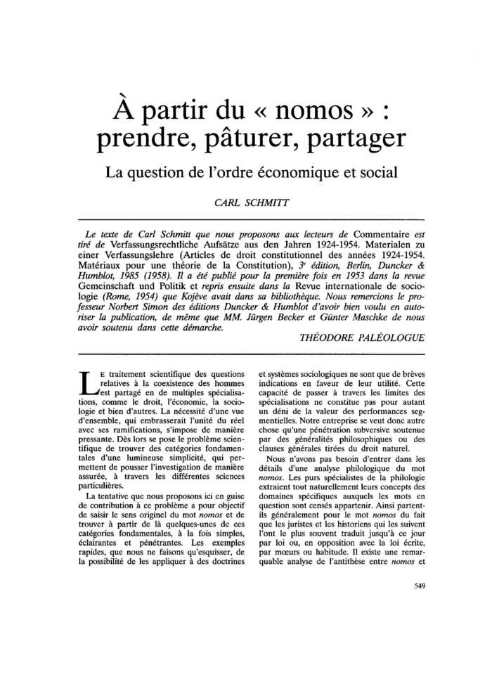 A partir du « nomos » : prendre, pâturer, partager. La question de l’ordre économique et social
 – page 1