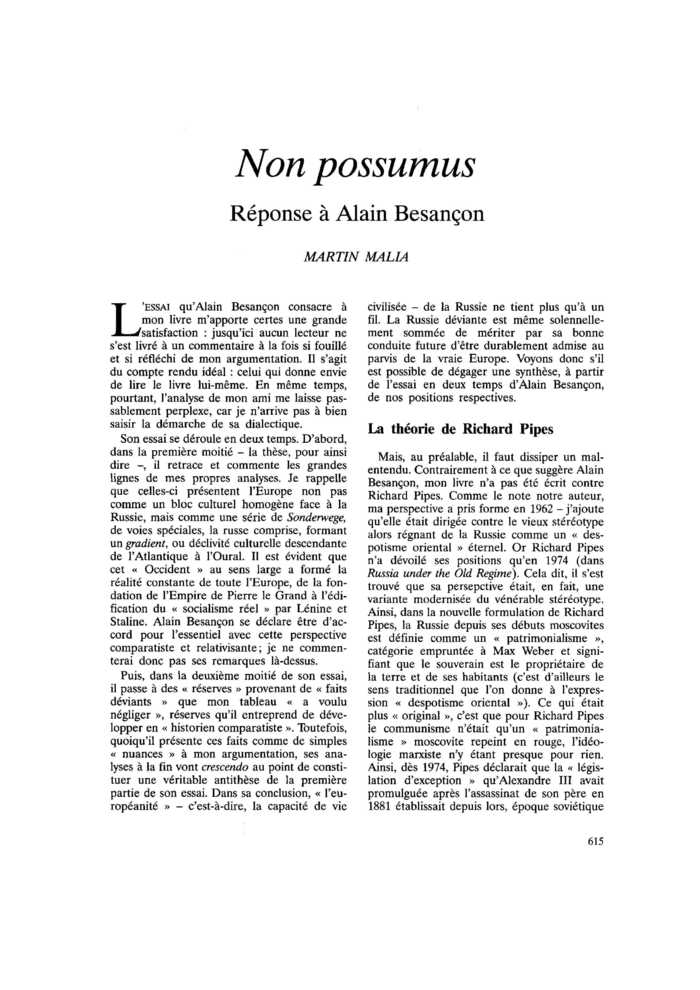 <em>Non possumus</em> : réponse à Alain Besançon
 – page 1