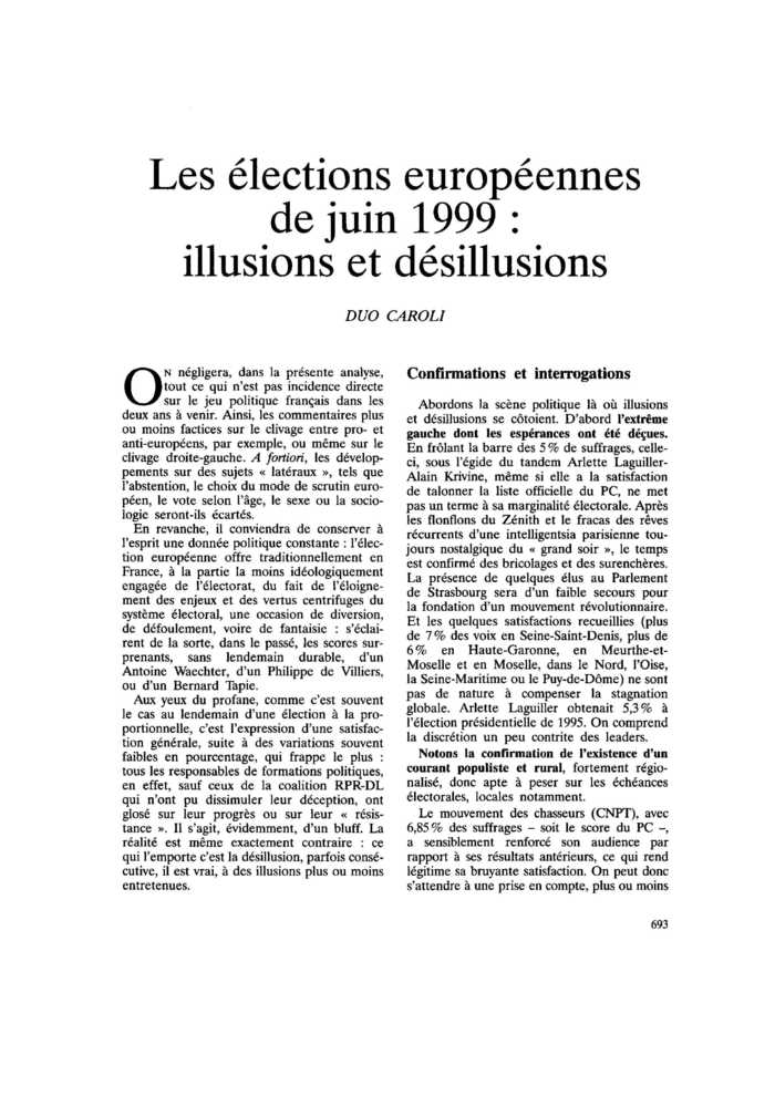 Les élections européennes de juin 1999 : illusions et désillusions
 – page 1
