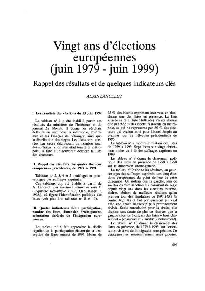 Vingt ans d’élections européennes (juin 1979 – juin 1999). Rappel des résultats et de quelques indicateurs clés
 – page 1