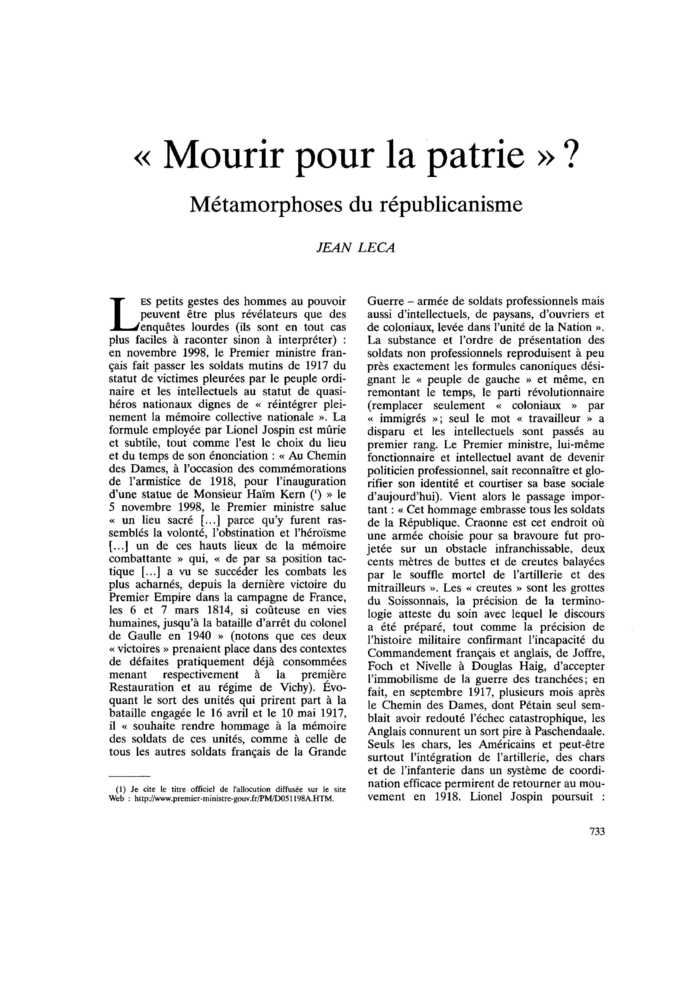 « Mourir pour la patrie » ? Métamorphoses du républicanisme
 – page 1