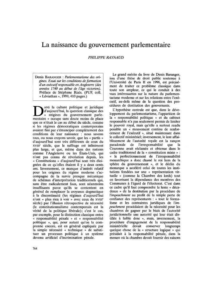 La naissance du gouvernement parlementaire
 – page 1