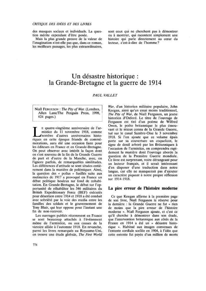 Un désastre historique : la Grande-Bretagne et la guerre de 1914
 – page 1