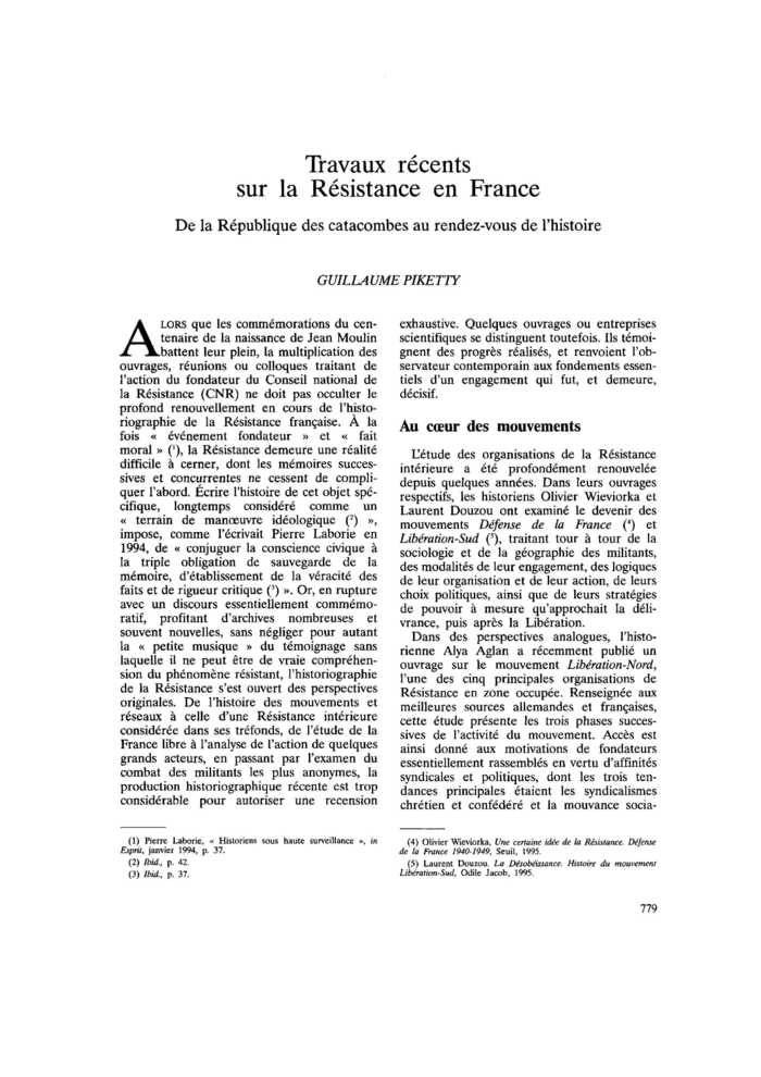 Travaux récents sur la Résistance en France
 – page 1