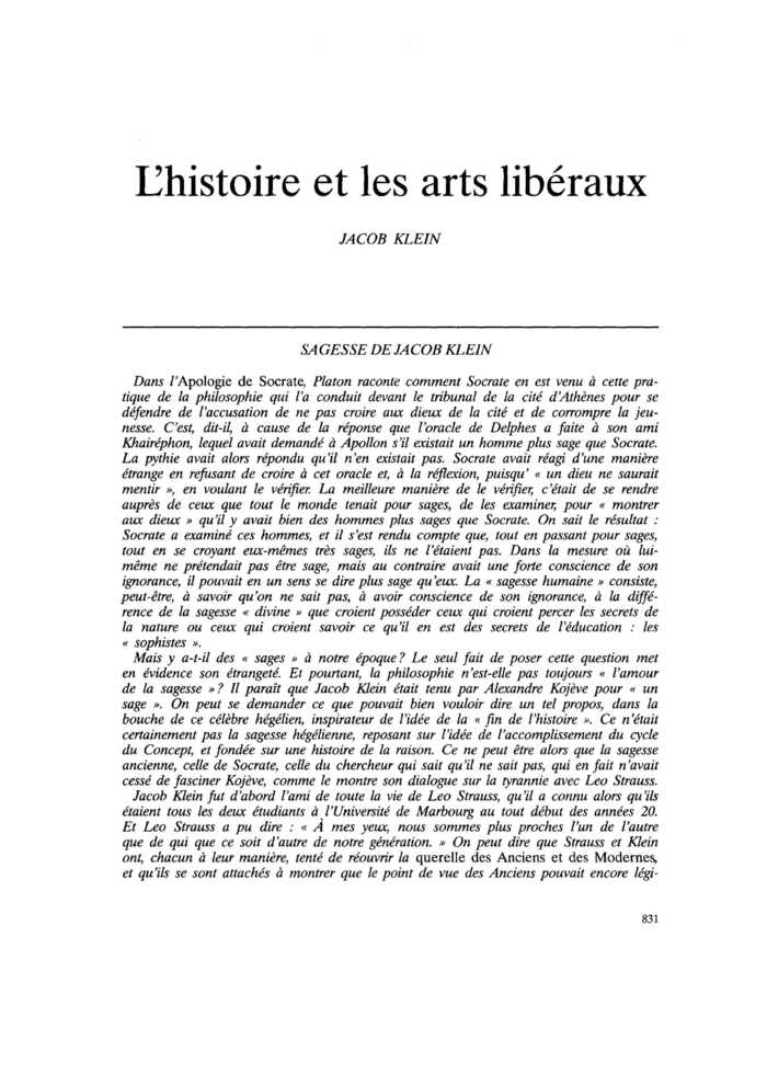 Sagesse de Jacob Klein
 – page 1
