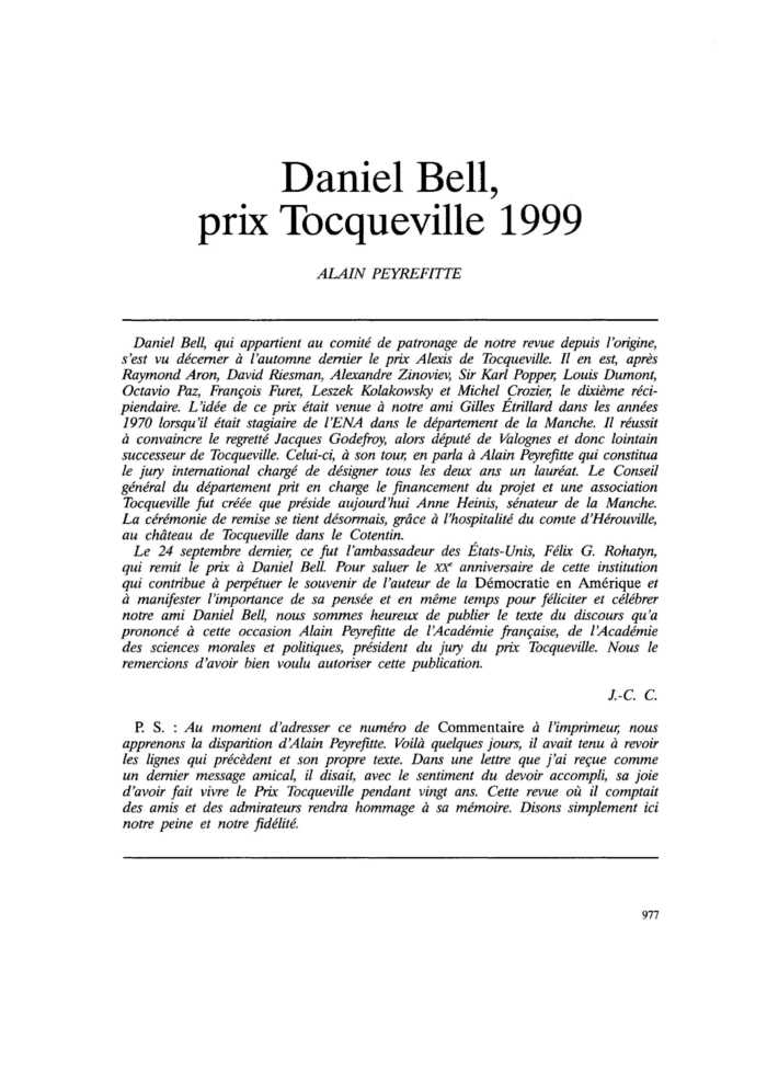 Daniel Bell, prix Tocqueville 1999
 – page 1