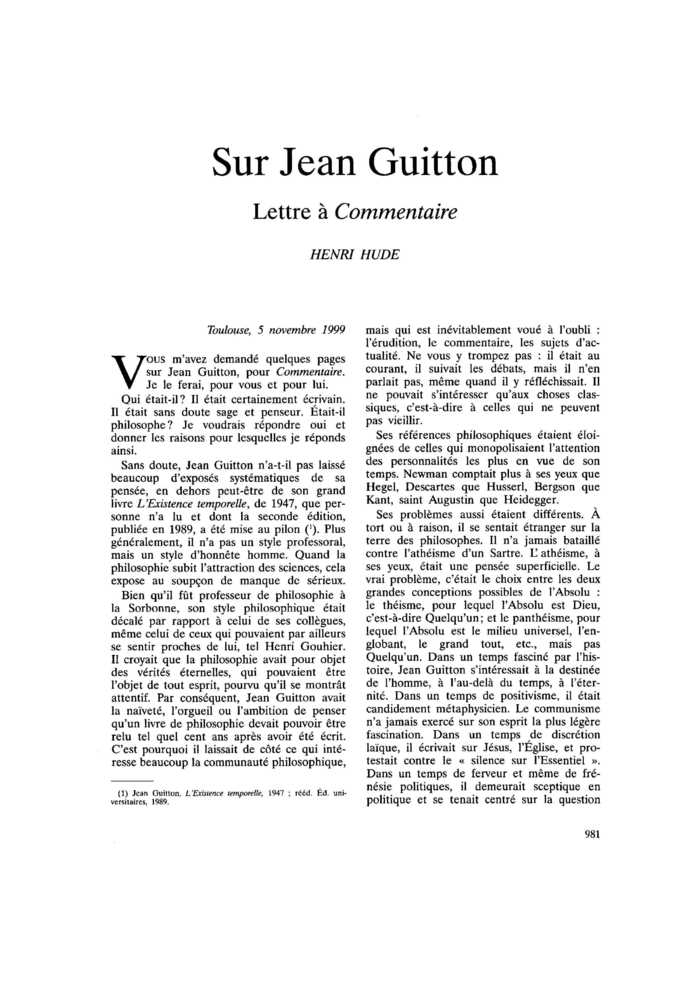 Sur Jean Guitton. Lettre à Commentaire
 – page 1