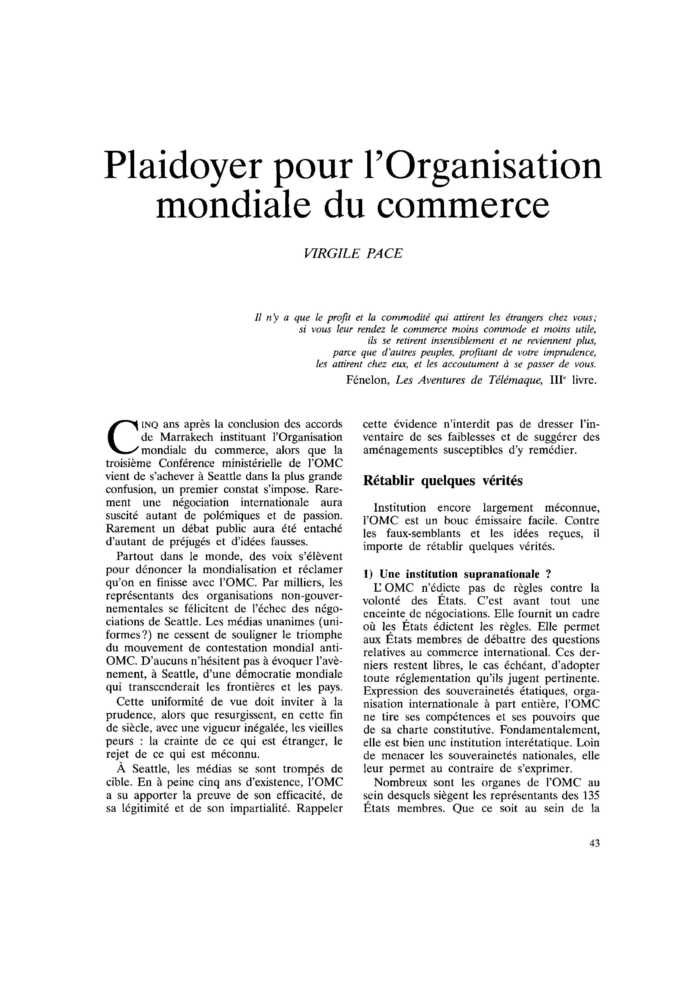 Plaidoyer pour l’Organisation mondiale du commerce
 – page 1