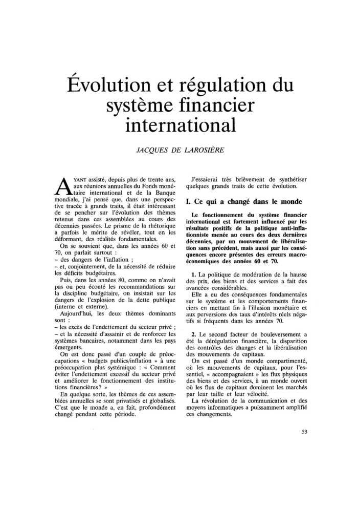 Évolution et régulation du système financier international
 – page 1