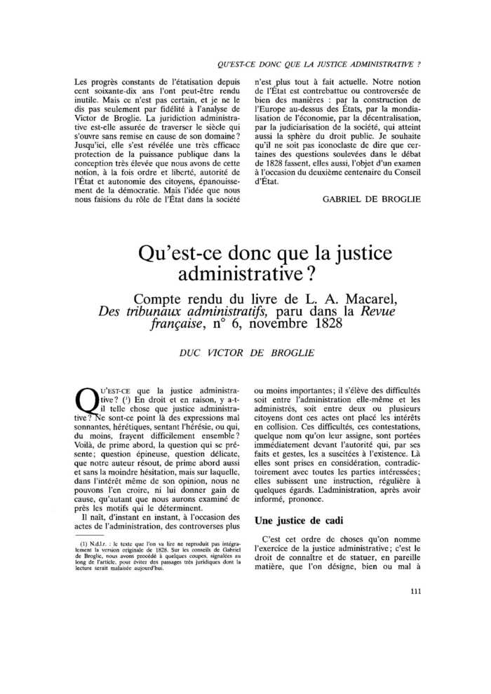 Qu’est-ce donc que la justice administrative ? Compte rendu du livre de L. A. Macarel, Des tribunaux administratifs, paru dans la Revue française, n° 6, novembre 1828
 – page 1