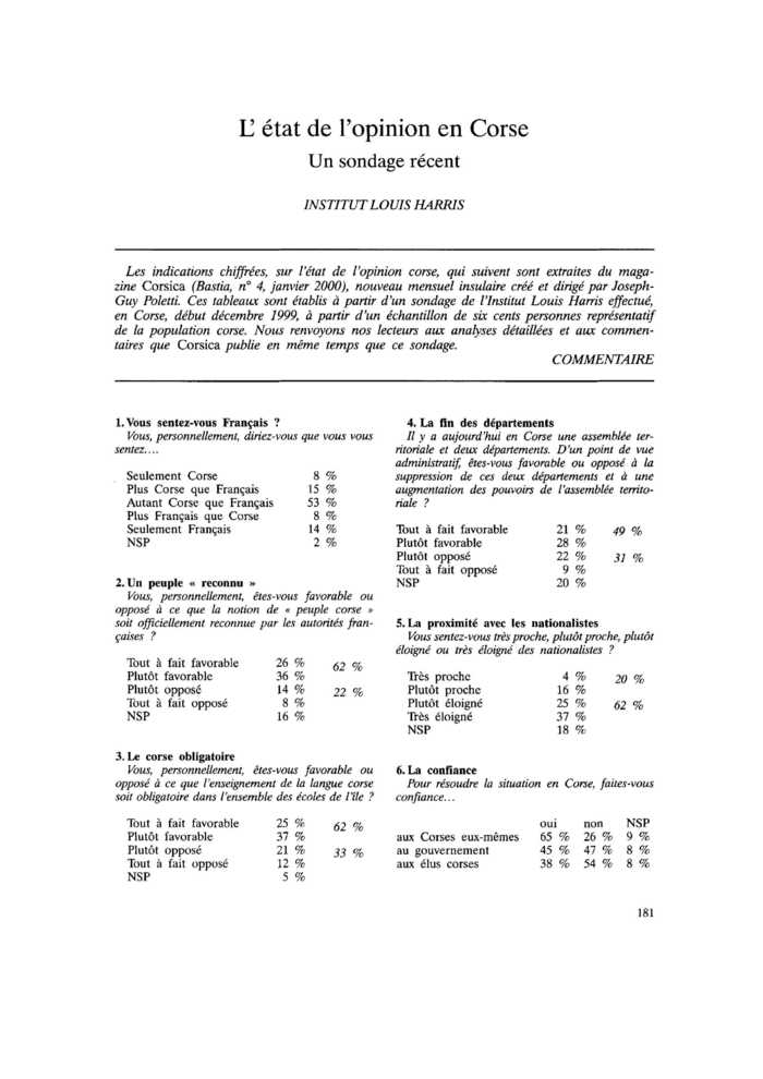 L’état de l’opinion en Corse. Un sondage récent
 – page 1