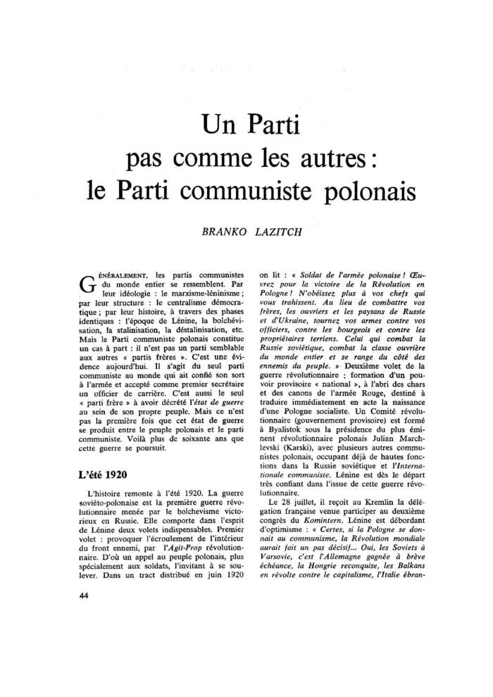 Un Parti pas comme les autres : le Parti communiste polonais
 – page 1