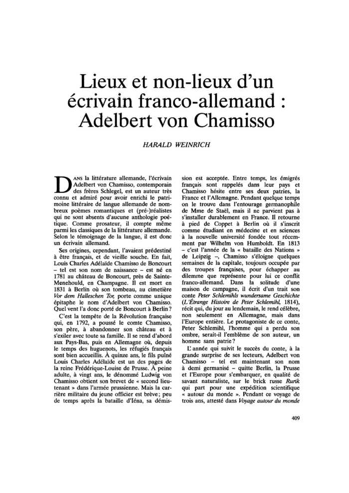 Lieux et non-lieux d’un écrivain franco-allemand : Adelbert von Chamisso
 – page 1