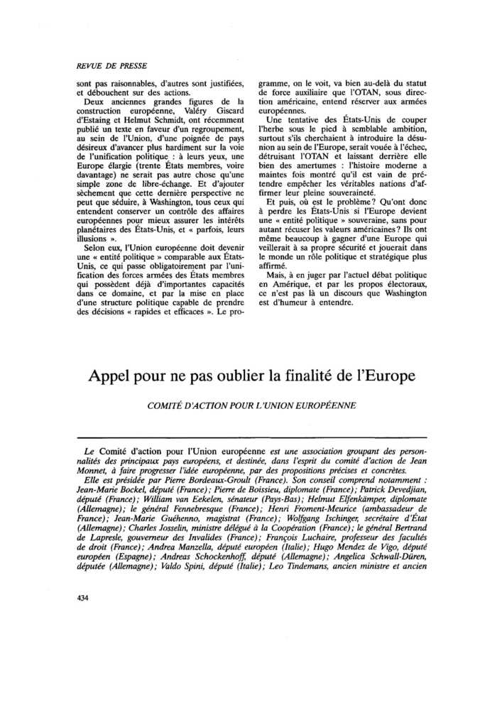 Appel pour ne pas oublier la finalité de l’Europe
 – page 1