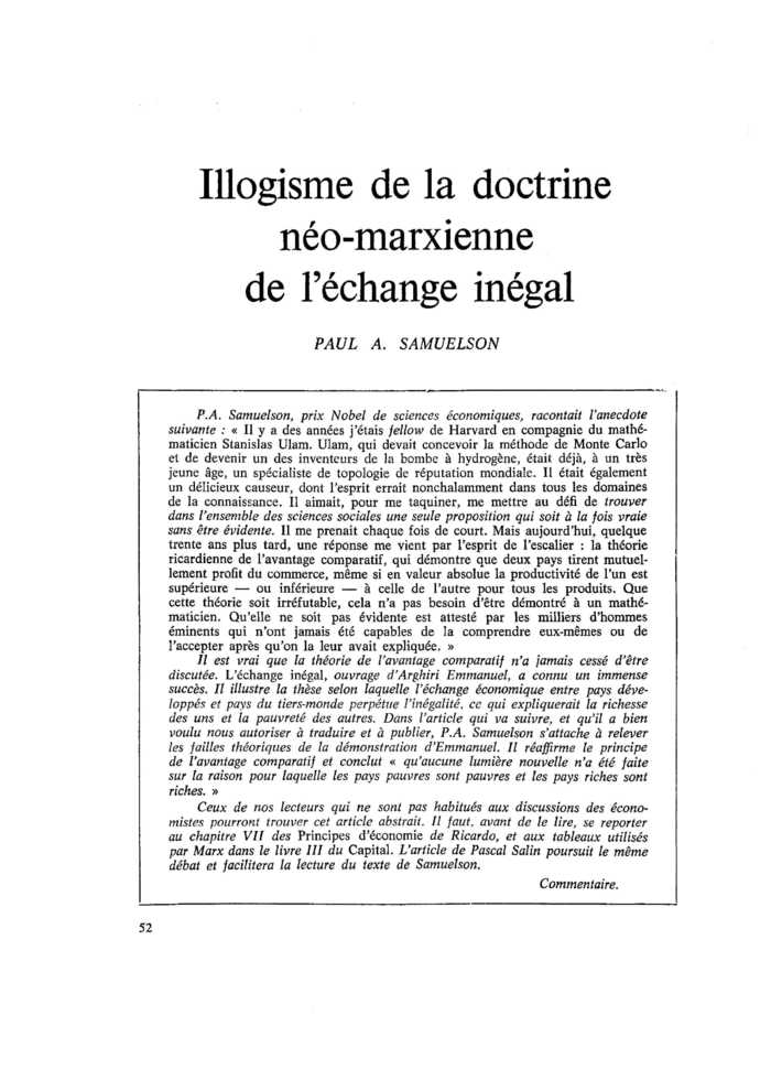 Illogisme de la doctrine néo-marxienne de l’échange inégal
 – page 1