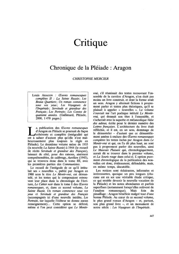 Chronique de la Pléiade : Aragon
 – page 1