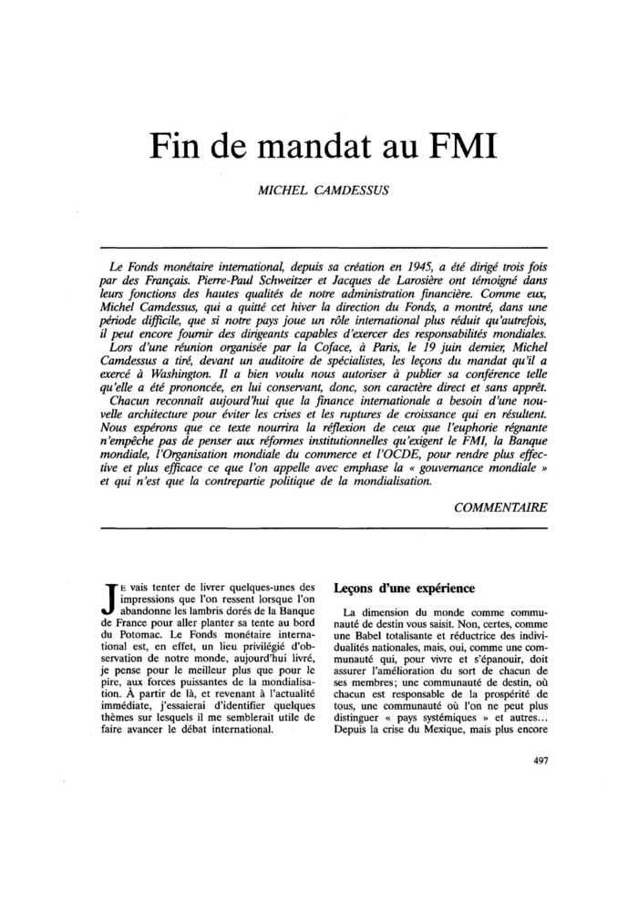 Fin de mandat au FMI
 – page 1