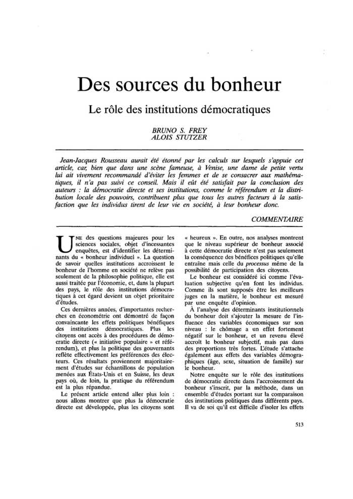 Des sources du bonheur. Le rôle des institutions démocratiques
 – page 1