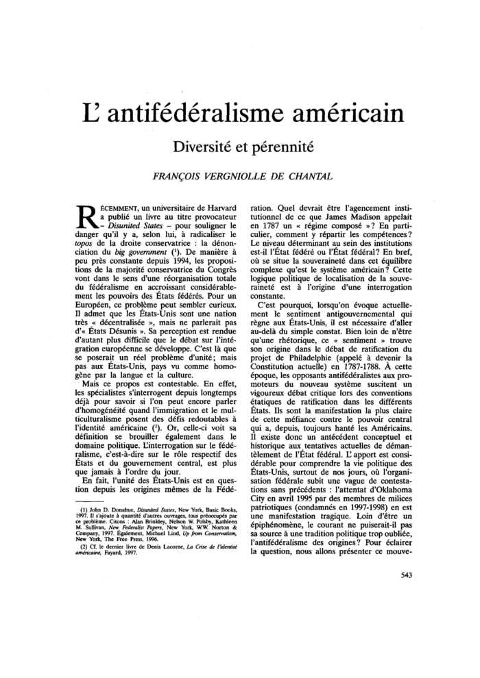 L’antifédéralisme américain. Diversité et pérennité
 – page 1