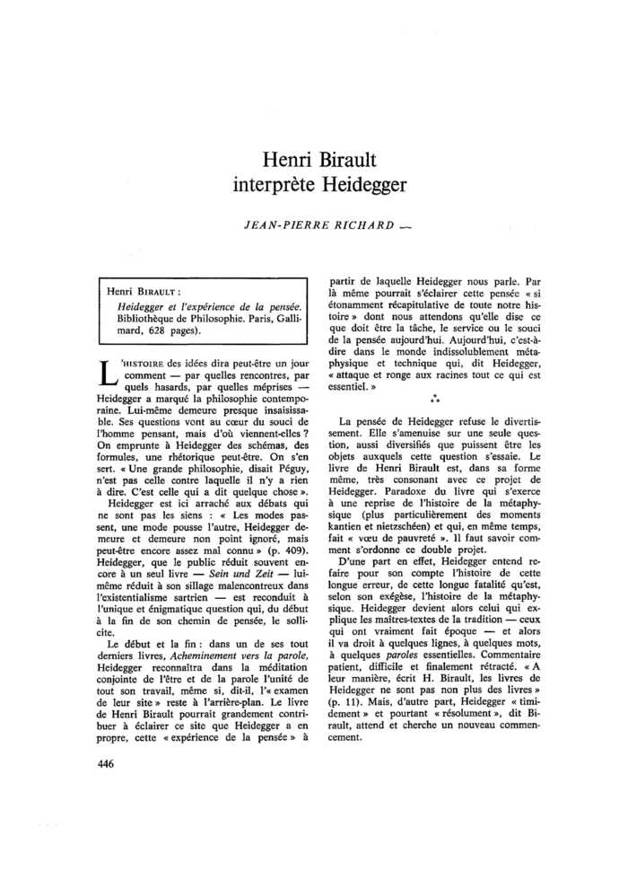 Henri Birault interprète Heidegger
 – page 1