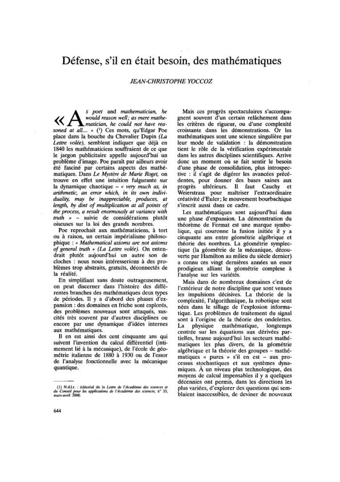 Défense, s’il en était besoin, des mathématiques
 – page 1