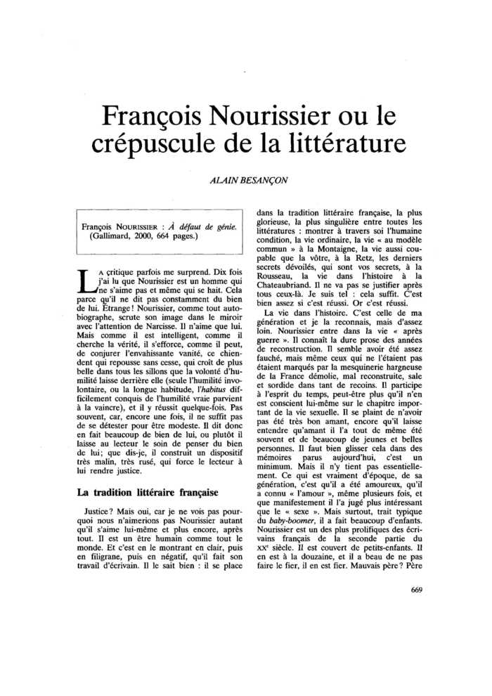 François Nourissier ou le crépuscule de la littérature
 – page 1