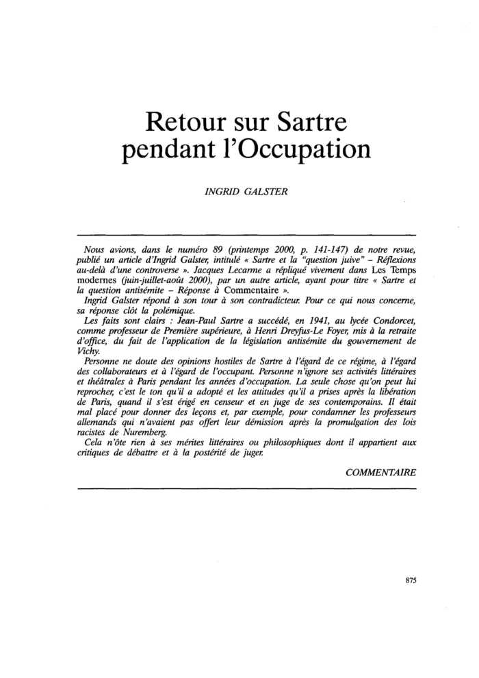 Retour sur Sartre pendant l’Occupation
 – page 1