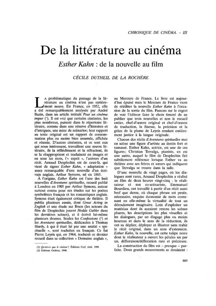 De la littérature au cinéma. Esther Kahn : de la nouvelle au film
 – page 1