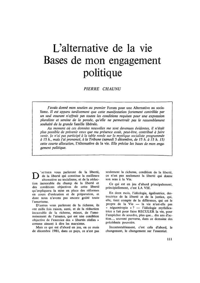 L’alternative de la vie. Bases de mon engagement politique
 – page 1
