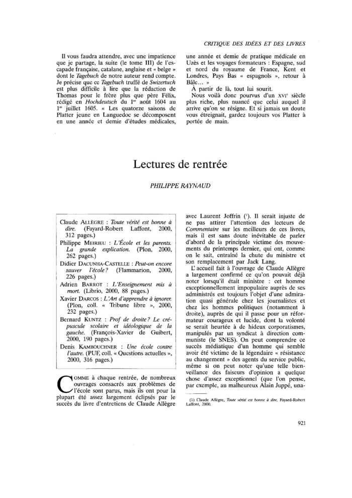 Lectures de rentrée
 – page 1