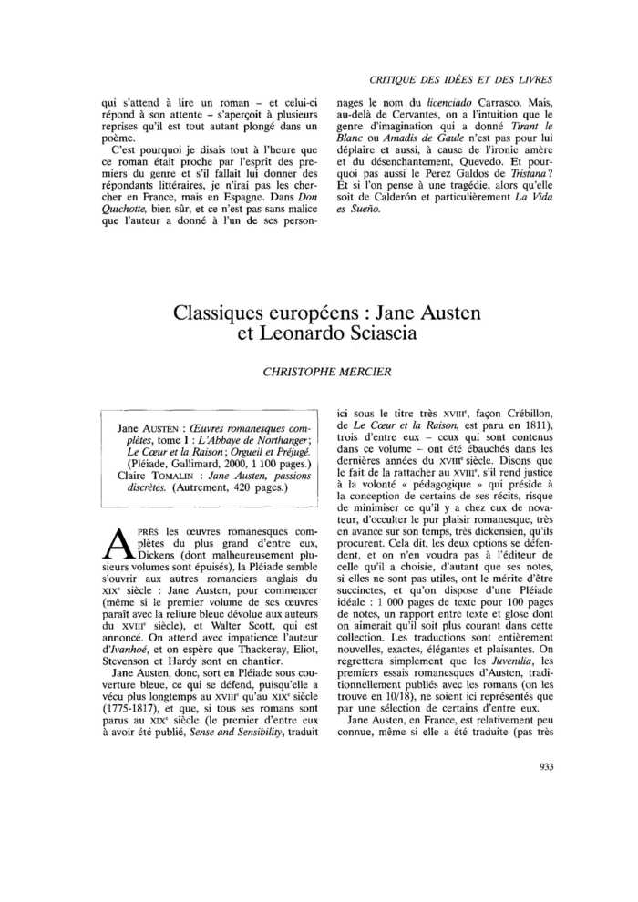 Classiques européens : Jane Austen et Leonardo Sciascia
 – page 1