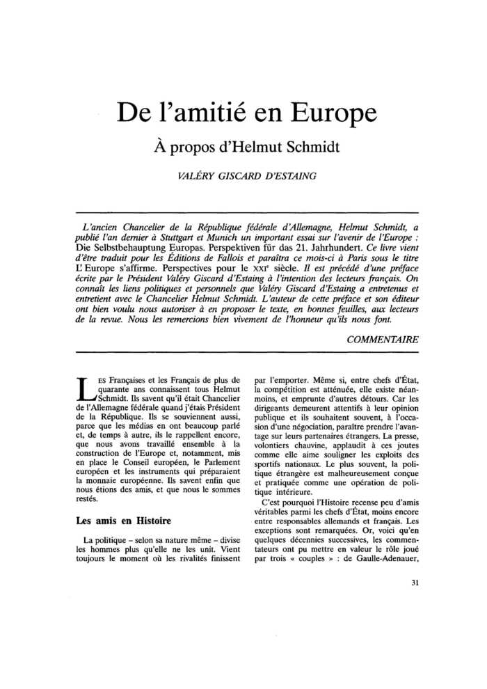 De l’amitié en Europe. À propos d’Helmut Schmidt
 – page 1